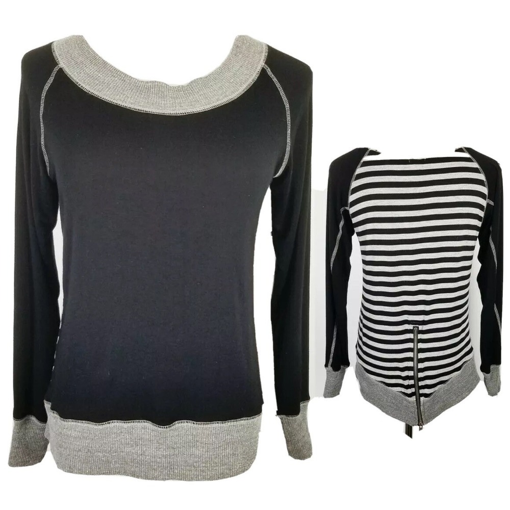 Jude Striped Back with Tail Zipper Shirt‎ Women's Small Black Front Gray